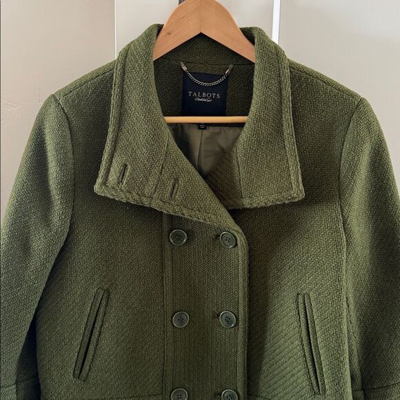 Talbots Women’s Green Wool Blend Pea Coat 3/4 Sleeve Chic Cropped Jacket Size 10 - Picture 13 of 15